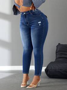 SHEIN SXY Quần Jeans Skinny Fit Co Giãn Giặt Sẵn Cỡ Lớn Cho Nữ - Rửa tối - Xem 6