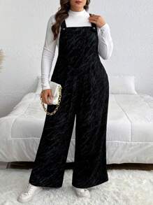SHEIN Privé Plus Size Casual Collegiate Tie-Dye Ombre Textured Fabric Suspender Pants With Pleated Waist, Pockets And Wide Legs, Retro Collegiate Style - Black and White - View 2