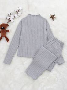 SHEIN 2 Stücke Minimalistische feste graue Fuchs Fleece Thermo-Unterwäsche Set für Teenager Mädchen - Langarm-Oberteil und Leggings