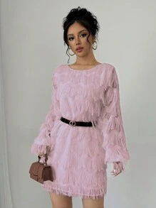 Chiquease 1pc Casual Elegant Long Sleeve Feather Design Shift Dress, Commuter Style, Autumn