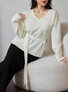 Modelyn Conjunto de 2 piezas para mujer: Suéter con cuello en V, hombros caídos, manga larga, aplicación floral y cinturón en la cintura & Falda larga tipo maxi, conjunto de 2 piezas para otoño e invierno