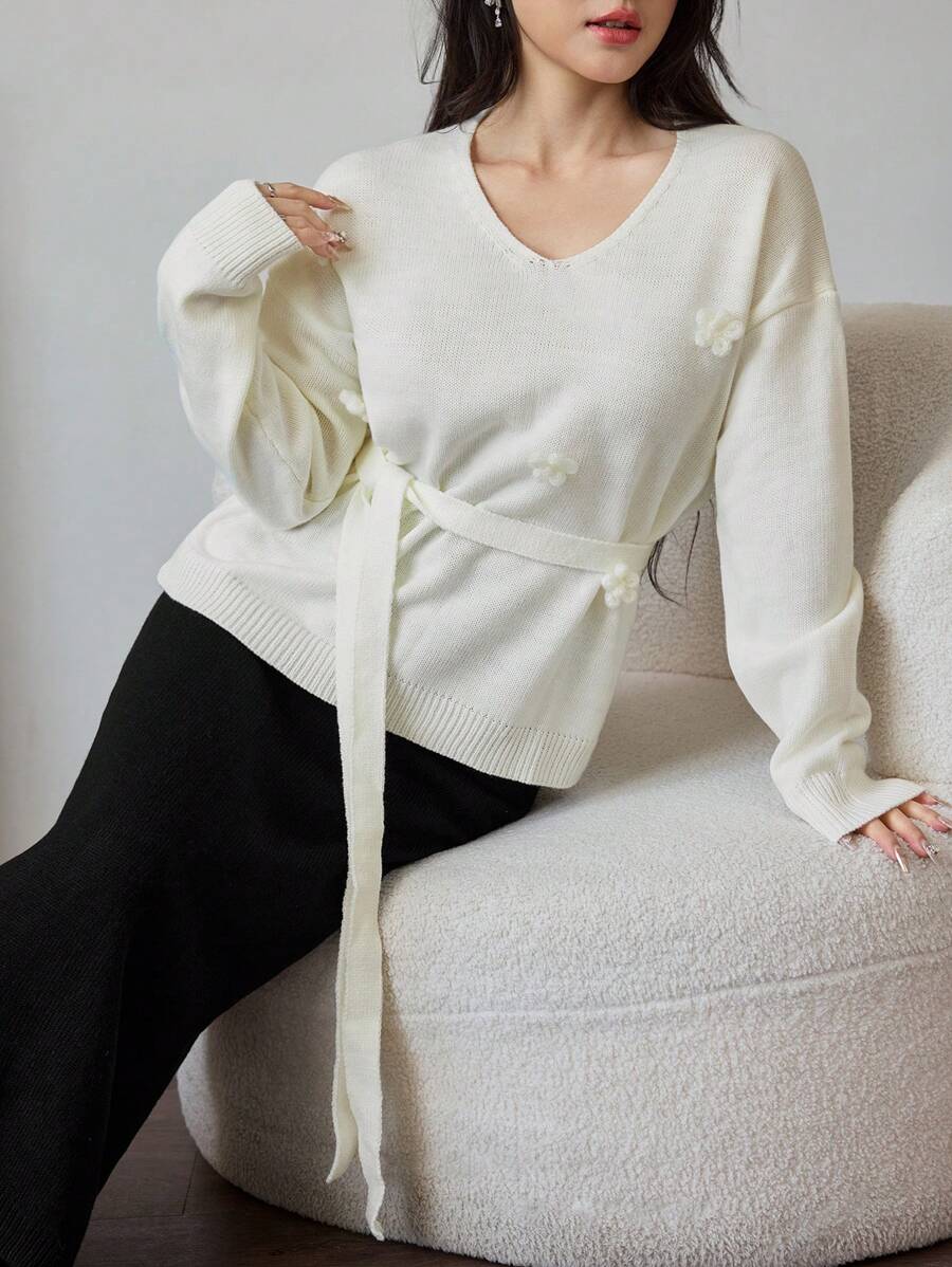 Modelyn Women 2pcs Set: V-Neck Drop Shoulder Long Sleeve Floral Applique Waist Belt Sweater & Long Maxi Skirt, Autumn & Winter 2 Pieces Set Fall Cloth For Women - Black and White - View 1