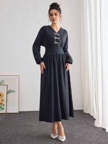 Modelyn Textured Bowknot Waist Women Sweatshirt Pullover Fall Outfit - Blue - View 7