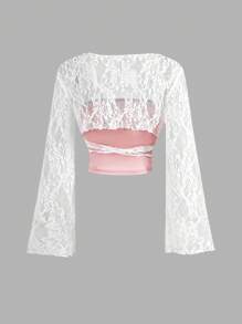 SHEIN MOD 女士撞色深 V 领交叉裹身优雅长袖上衣，万圣节女装、早午餐女装、女巫服装、僵尸新娘 - 粉色 - 查看 2