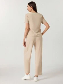 TaskEZ Solid Color Short Sleeve Top & Pants Scrub Uniform Set, Nurse - Khaki - View 2