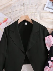 Teen Girls 2pcs Set Asymmetrical Hem Blazer & Loose Pants Suit With Floral Print, Elegant For & Commute, Autumn/Winter - Black - View 3