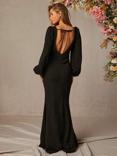 L'Amorae Vestidos formales negros de Navidad con mangas abultadas y espalda abierta para mujeres