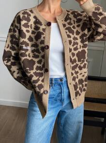 DAZY Leopard Printed & Embroidery Letter Design Women Cardigan Cheetah Print,Fall Clothes - Brown - View 9