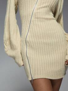 MISSGUIDED Knitted Zip Through Hooded Long Sleeves Bodycon Mini Dress - Apricot - View 7