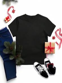 SHEIN LUNE Casual Loose Glitter Wine Glass Christmas Round Neck Short Sleeve T-Shirt For Women, Suitable For Autumn/Winter, Christmas Party, Suitable For Gifts - Black - View 5