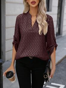 SHEIN LUNE Women's Casual Allover Print Notched Collar Roll Sleeve Shirt, Autumn