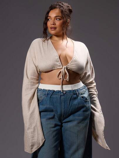 MUSERA 大码V领弹力下摆长袖露脐上衣，适合度假、休息、舒适休闲穿着，款式得体。