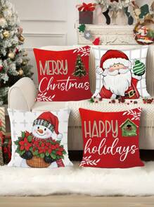 4 Packs Christmas Throw Pillow Covers 18x18 Inch, Festive Santa & Snowman Velvet Pillowcases, Contemporary Machine Washable Zippered Cushion Cases For Living Room Sofa, Polyester Decorative Pillow Shams Home Party Decor - Multicolor - View 1