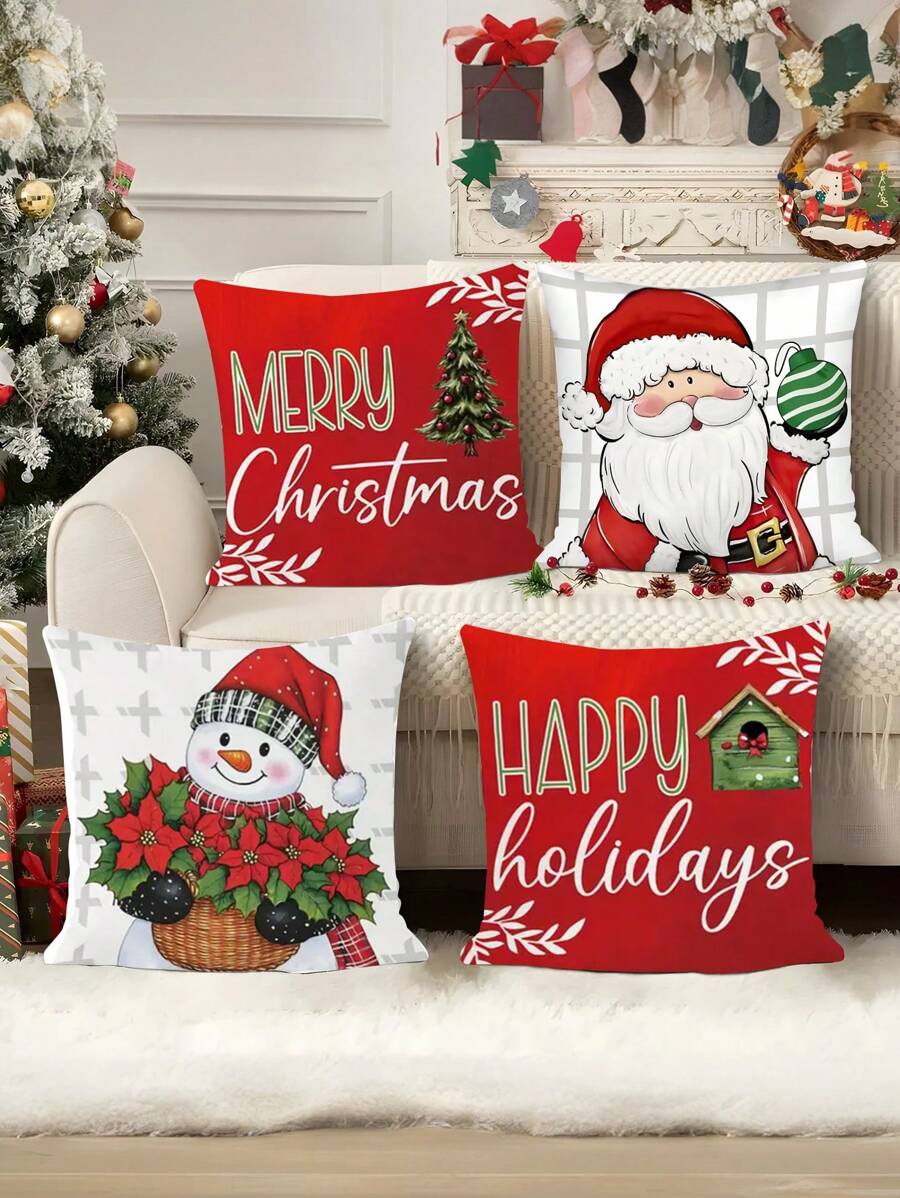 4 Packs Christmas Throw Pillow Covers 18x18 Inch, Festive Santa & Snowman Velvet Pillowcases, Contemporary Machine Washable Zippered Cushion Cases For Living Room Sofa, Polyester Decorative Pillow Shams Home Party Decor - Multicolor - View 1