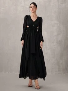 SHEIN Belle Women Elegant Woven Black Hollow Bodycon Long Sleeve Pearl Button Closure Long Dress, Semi Formal Prom Dress, For Birthday, Wedding Guest, Graduation Homecoming - Black - View 8