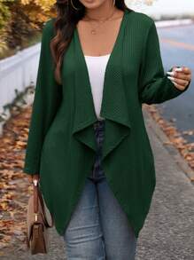 SHEIN LUNE Áo len cardigan dệt kim dài cổ thác nước bất đối xứng thời trang mùa đông cỡ lớn cho đi chơi và đi làm - Màu xanh lá cây đậm - Xem 4