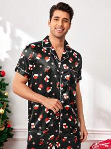 CoupledUp Ensemble de pyjamas avec col châle en faux soie avec imprimé d'éléments de Noël dessin animé pour hommes