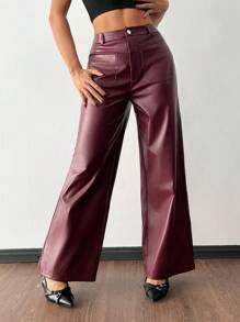 SHEIN PETITE Women's Retro Leather Trousers Suitable For Autumn And Winter - Red - View 8