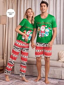 Cartoon Santa Claus Christmas Print Short Sleeve & Shorts Men Pajama Set