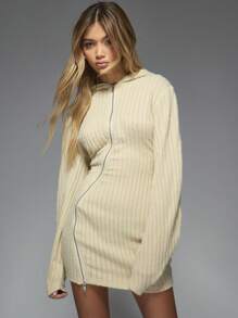 MISSGUIDED Knitted Zip Through Hooded Long Sleeves Bodycon Mini Dress - Apricot - View 1