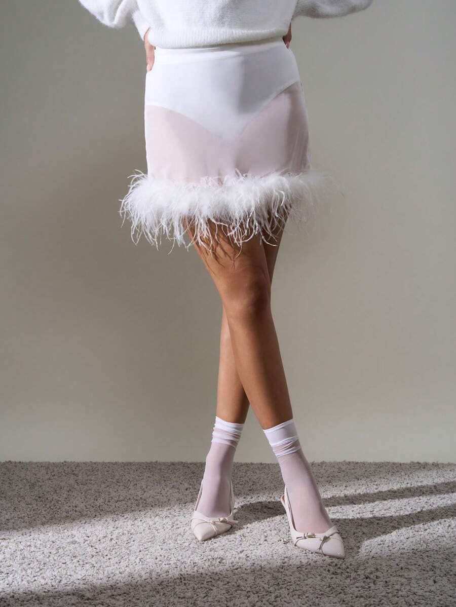 AiiRZ 优雅迷你裙羽毛饰边派对晚宴薄纱罩衫高腰白色铅笔裙婚礼伴娘晚宴特殊场合 - 白色 - 查看 1