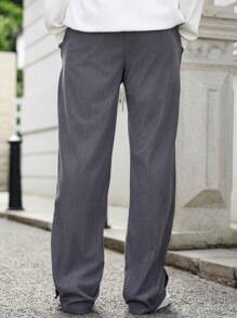 Manfinity Hypemode Pantalones casuales de pana rectos con cordón en la cintura para hombre - Gris Oscuro - Ver 2