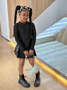 SHEIN Leap Crew Tween 女童都市休闲舒适针织圆点长袖上衣 - 黑色 - 查看 6