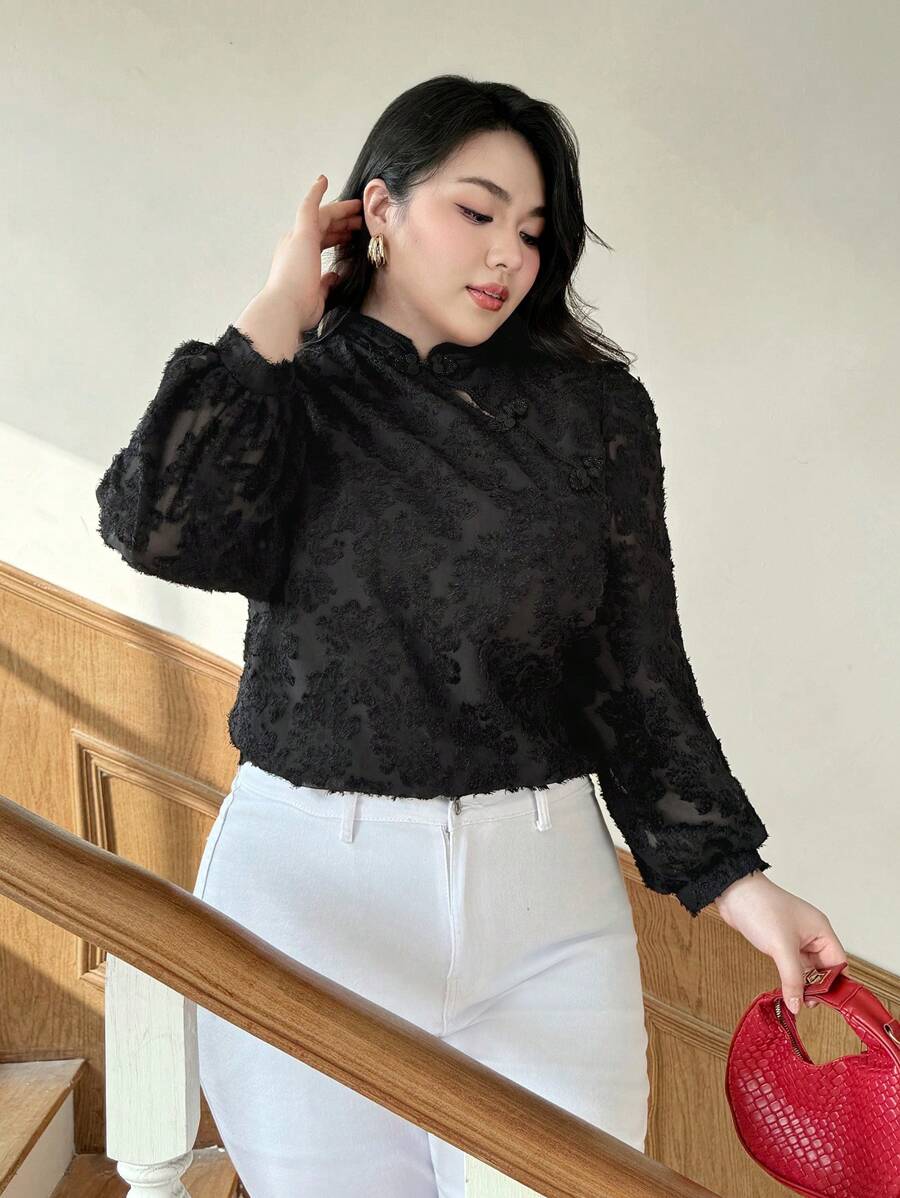 SHEIN Privé 大码女式中式领花卉印花高领衬衫，秋季新品