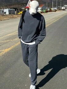 DAZY 2pcs Men Casual Daily Wear Round Neck Contrast Color Sweatshirt & Pants Set, Autumn - Blue - View 1