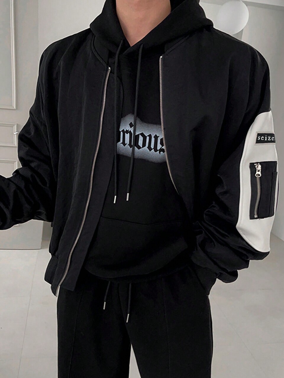 Men's Letter Print Big Pocket Jacket & Outerwear, Black, For Autumn