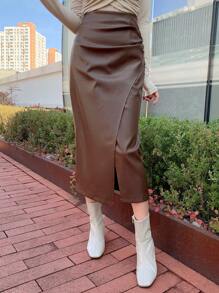 DAZY Solid Color PU Slit Asymmetric Pleated Women Skirt,Pencil Skirt,Fall Clothes Leather Skirt Winter Women Skirts