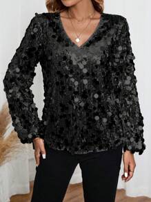 EMERY ROSE 女士秋季纯色灯笼袖亮片 V 领衬衫，时尚