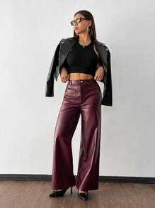 SHEIN PETITE Women's Retro Leather Trousers Suitable For Autumn And Winter - Red - View 6