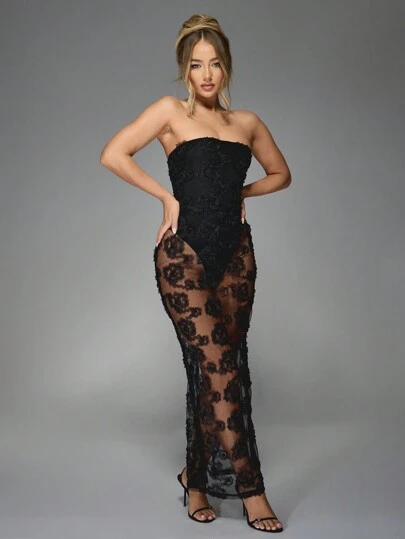 MISSGUIDED Sheer Lace Floral Applique Strapless Maxi Dress Evening Gown Elegant Formal Wedding Guest Floor Length Dress Special Occasion Wear Empire