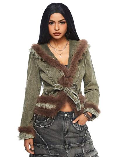 Grunge Punk Women Furry Patchwork Denim Jacket/Coat