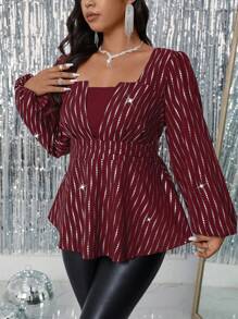 Allurite Plus Size Metallic Foil Fabric Cut-Out Structure Waist Gathered A-Line Long Sleeve Shirt Peplum Top