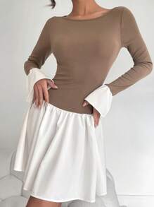 SHEIN Essnce Casual Women's Knit And Linen Mini Dress - Smoke & Ivory Fall/Winter Dress Bachelorette Dress Y2k Dress Fall/Winter Color Block Round Neck Long Sleeve Pleated Simple Casual Short Dress Women Dresses Black Lantern Dress Hem Dress /Flower Bud Hem/Ruffle/Birthday Outfit/Bubbl Thanksgiving Mini Dress