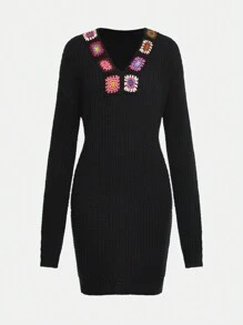 Teens Girls' Black Honeycomb Texture Crochet Decor Collar Sweater Dress, Elegant And Fashionable Design - Black - View 6