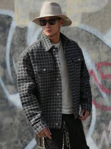 DAZY Plaid Men's Long Sleeve Single-Breasted Casual Denim Jacket, For Autumn - Black - View 10