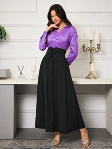 Modelyn Women's Colorblock Collar Pleated Elegant Long Sleeve Dress Long Evening Dresses