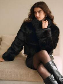 Anewsta New European And American Style Fashionable Fluffy Trim Fox Hair Colorful Pointed Hem Warm Outerwear Short Jacket For Women