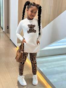 Conjunto de top de manga larga con estampado de oso y leggings con estampado geométrico, informal y deportivo para niñas preadolescentes - Multicolor - Ver 5