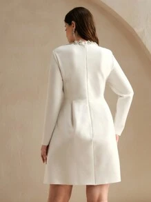 Anewsta Plus Size Women Classic White Long Sleeve Fitted A-Line Short Dress, Elegant Square Neckline With Sparkling Rhinestone Decor - White - View 4