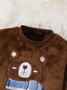 SHEIN Playful Pals 2 件装小男孩可爱熊图案羊毛长袖上衣和裤子睡衣套装，深灰色