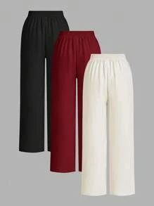 SHEIN Essnce 3 paquetes de pantalones de verano para mujeres, de unicolor, con cintura ajustable, pierna ancha, sueltos y casuales - Burdeos - Ver 2