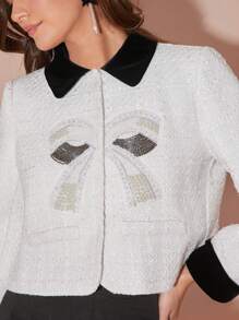 Enchnt Autumn/Winter Romantic Women's Sweet Elegant White Color Block Exquisite Pearl Bow Decor Long Sleeve Tweed Jacket,For Thanksgiving&Christmas Party - White - View 3
