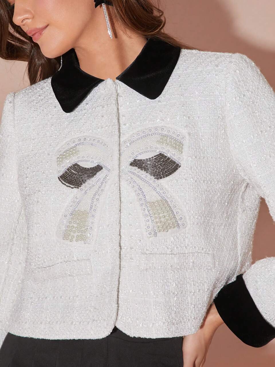 Autumn/Winter Romantic Women's Sweet Elegant White Color Block Exquisite Pearl Bow Decor Long Sleeve Tweed Jacket,For Thanksgiving&Christmas Party