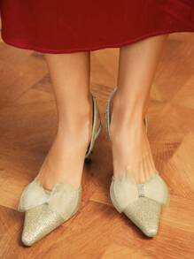 CUCCOO HITCHD Pointed Toe Elegant Stilettos High Heel Sequin Bow Tie Party & Date Night Dress Sandals For Women - Gold - View 5