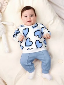 SHEIN Newborn Baby Girls Heart Print Sweatshirt With Elastic Waist Solid Color Pants Set, Autumn/Winter - Blue and White - View 4