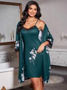 LuxeNights 2pcs/Set Lace Patchwork Print Camisole Nightgown And Robe